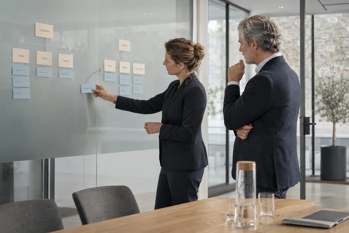 Unternehmerin und Berater ordnen einen Unternehmensstrukturplan neu